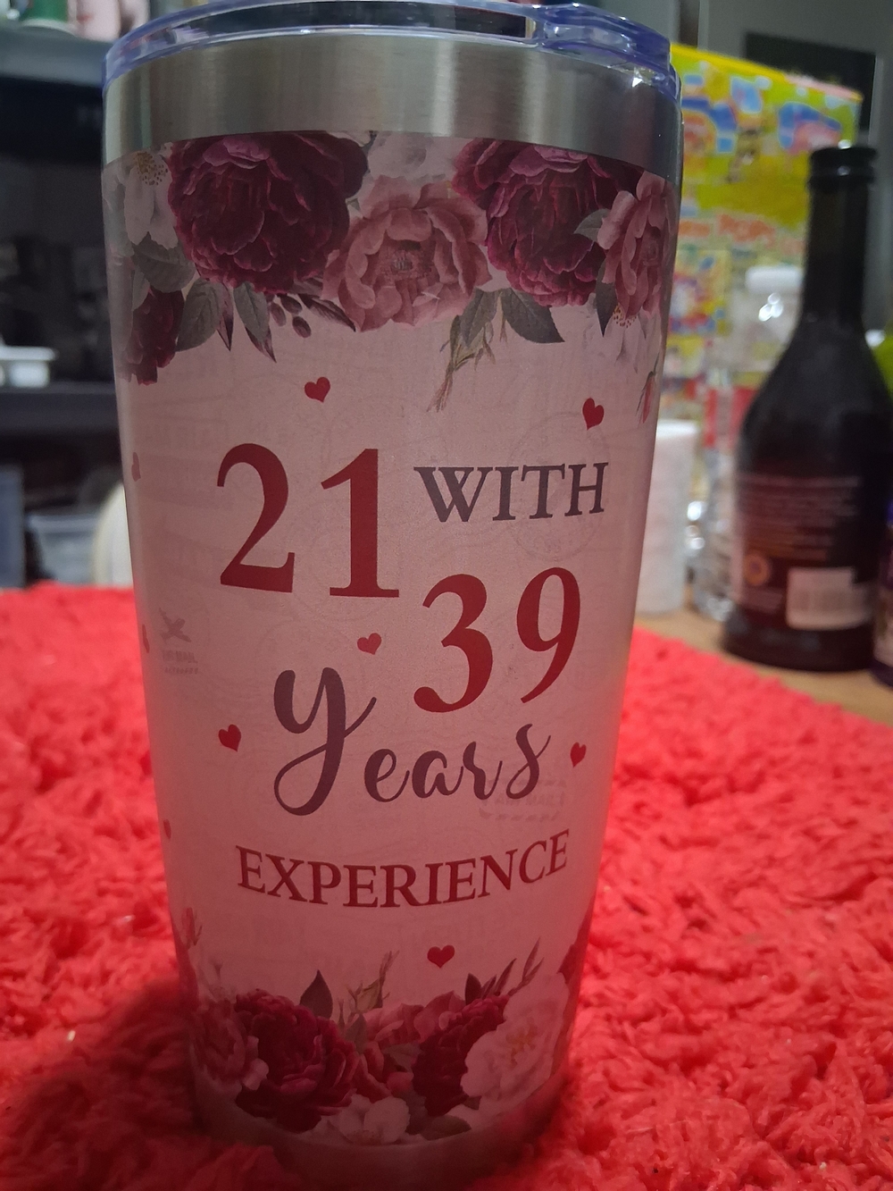 Pink Floral Insulated Travel Tumbler - '21 with 39 Years Experience'